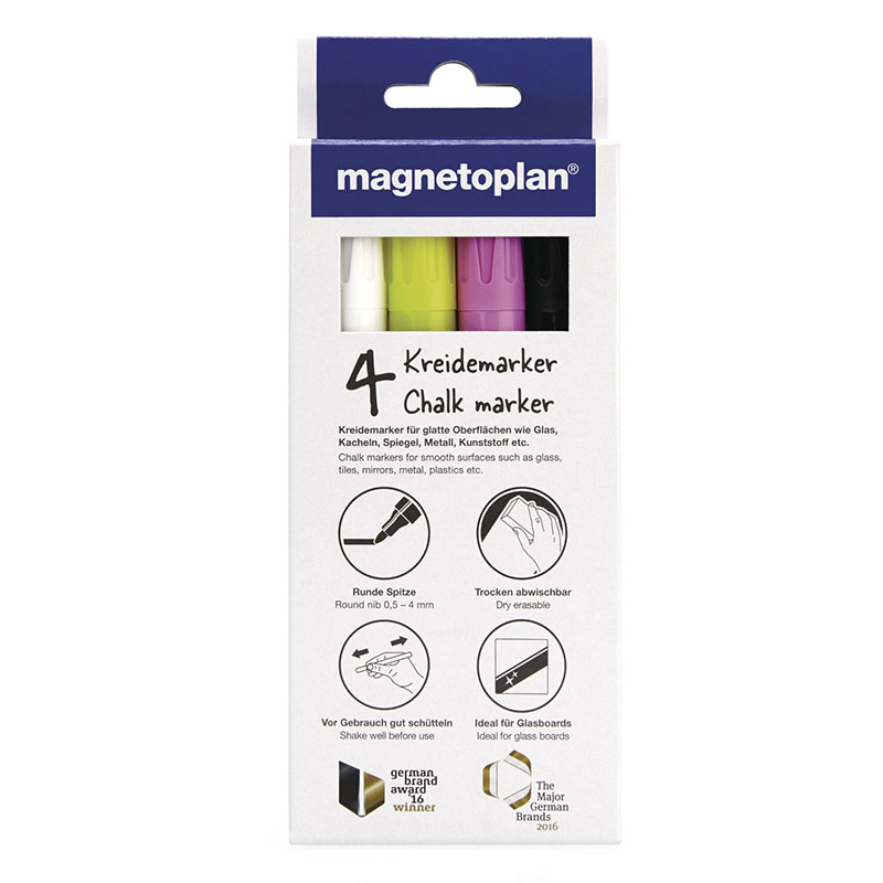 Chalk markers for smooth surfaces (white, black, light yellow, light pink)